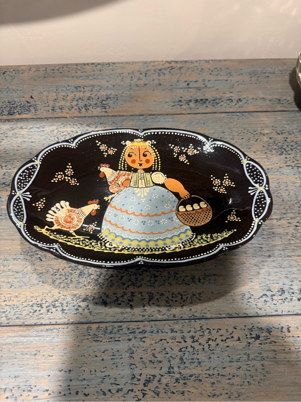 Swiss Pottery  Folk Art Oval Dish with Girl and Hen -Black and Pastel